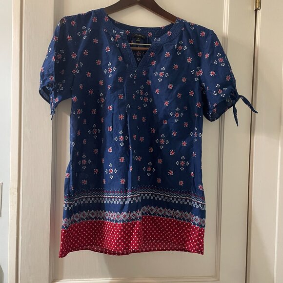 Talbots Shirt Women's Blue Red Med Short Sleeve Cold Shoulder Floral Lightweight - Picture 6 of 6